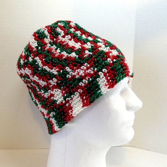 Red Green Baggy Beanie OS Slouch Cap Hat Handmade Crochet Hand Knit Sparkly NWT - Picture 3 of 8